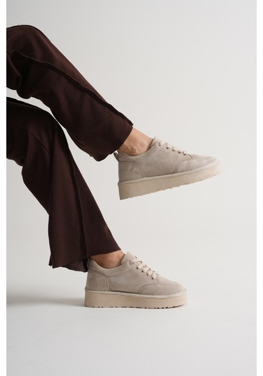 Rooc Bağcıklı Süet Ortopedik Kadın Günlük Spor Ayakkabı - Bej Bej