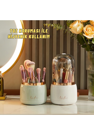 Masaüstü Makyaj Fırçası Ve Kozmetik Düzenleme Kutusu Organizer Bölmeli Dönebilen Bej