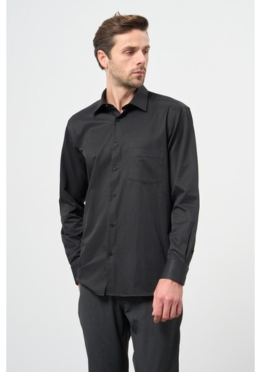 Siyah Uzun Kol Düz Bez Ayağı Sert Yaka Cep 30 Pamuklu Classic Comfort Fit Gömlek 1004245269 001 Siyah