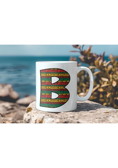 B Harfi Etnik Desenli Kupa - Afrika Tarzı Kahve Çay Kupası - Hediyelik - Black History Beyaz