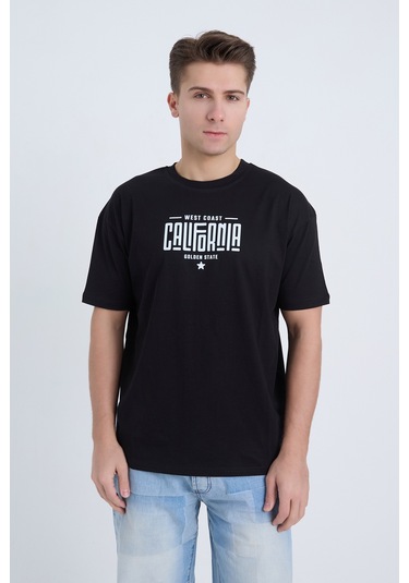 Erkek Oversize Baskılı T-shirt Siyah California Siyah