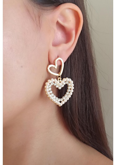 Byzeynaaksesuar Kadın Özel Tasarım Suni İncili Kalp Model Küpe 002 Çok Renkli