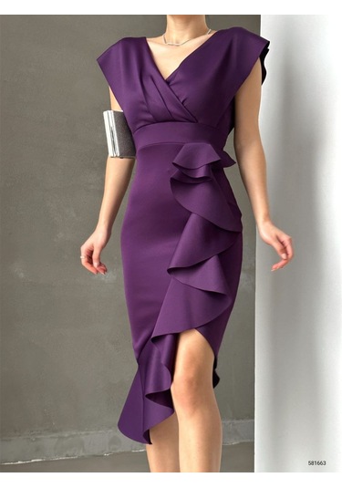 Scuba Kumaş Önü Fırfırlı Midi Boy Elbise Bediva 001