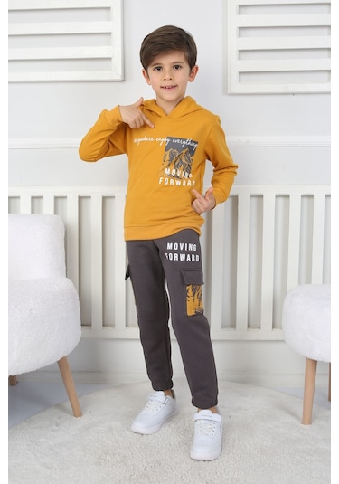 Moving Forward Kargo Cep Kapüşonlu 2 İplik Şardonlu Alt-üst Erkek Çocuk Eşofman Takımı Hardal