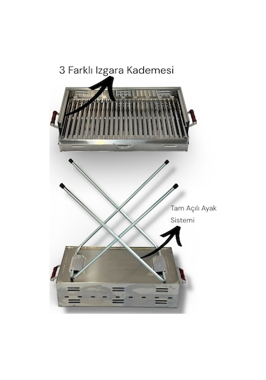 Paslanmaz Çelikten Katlanır Ayaklı Ve 3 Kademeli Mangal 70x40x70c Krom