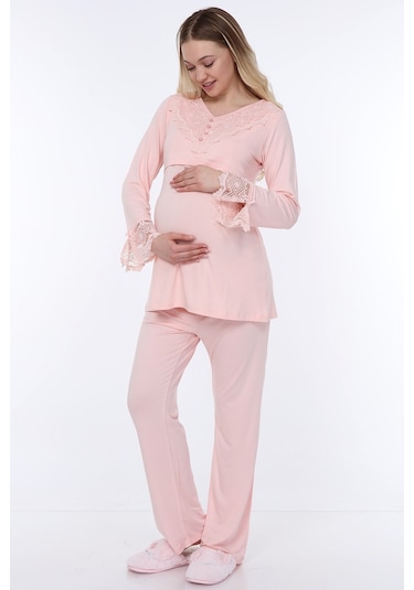 Luvmabelly Myra9512 - Dantelli Düğmeli Flaplı Hamile Pijama Takımı - Pembe-pembe