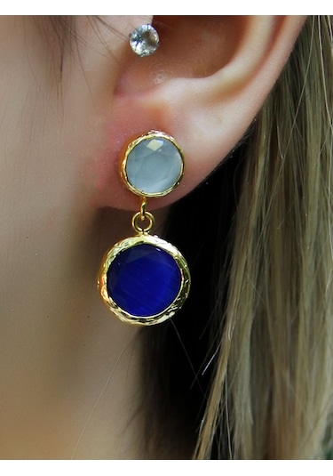 İkili Yuvarlak Modelli Kedigözü Cam Gold Kaplamalı Kadın Küpe Euku25bm Mavi