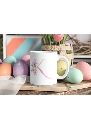 K Harfi Pembe Çiçek Desenli Kupa Bardak - Zarif Pembe Çiçek Tasarım Kahve Çay Kupası - Hediye Beyaz