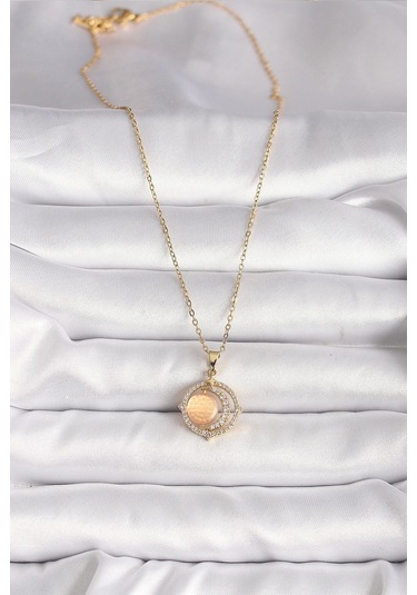 316l Çelik Gold Renk Zirkon Taşlı Turuncu Sedefli Hilal Model Kadın Kolye Çok Renkli