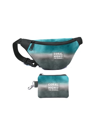 Coral High Erkek Çocuk Turkuaz Gri Batik Desenli Bel Çantası Ve Bozuk Para Cüzdanı Set Çok Renkli