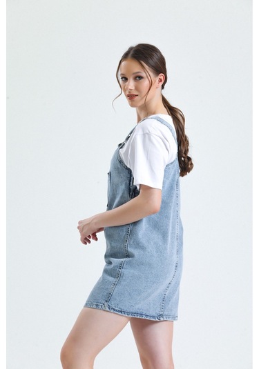 Shevega Kadın Mavi Kanguru Cep Bahçevan Kot Elbise Mavi