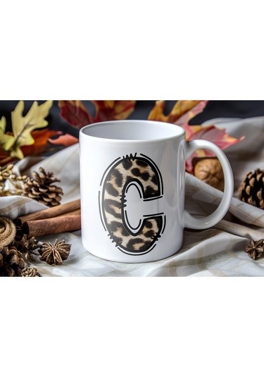 C Baş Harf Leopar Desenli Kupa Bardak - Kişiye Özel Feminen Konsept Hediye - Vahşi Hayvan Desenli Beyaz