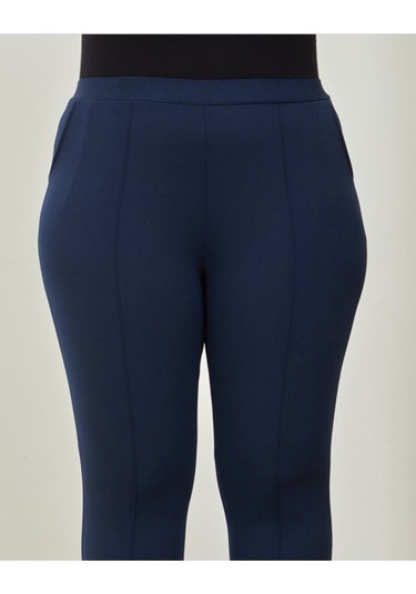 Scuba Yanlardan Cepli Önü Dikişli Paçası Çakmalı Beli Lastikli Büyük Beden Pantolon Lacivert