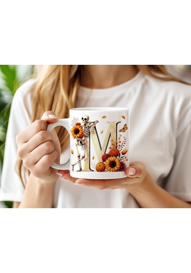 M Harfi Pembe Kareli Kalpli Göz Emojili Kupa Bardak Eğlenceli Kareli Tasarım Kahve Çay Kupası Beyaz