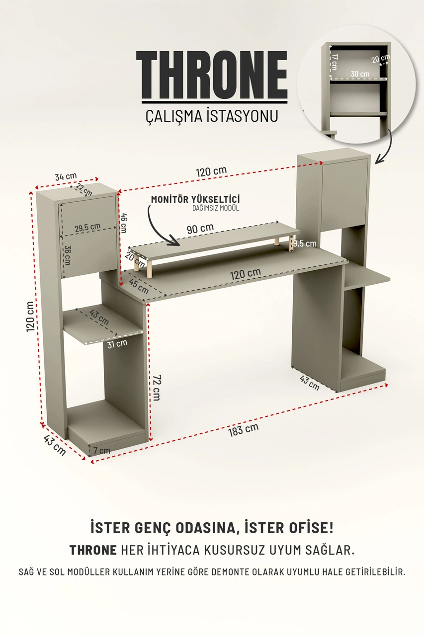 Throne Dolaplı, Kitaplıklı, Raflı Çalışma Masası, Bilgisayar Masası, Çocuk Çalışma Masası Antrasit Gri Antrasit