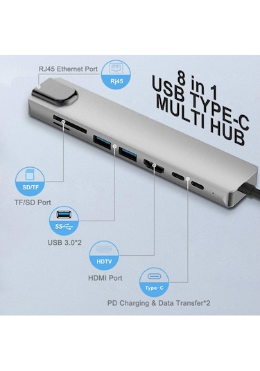 Obrax 8in1 Ethernet SD USB Type-C HDMI Girişli Çevirici Hub