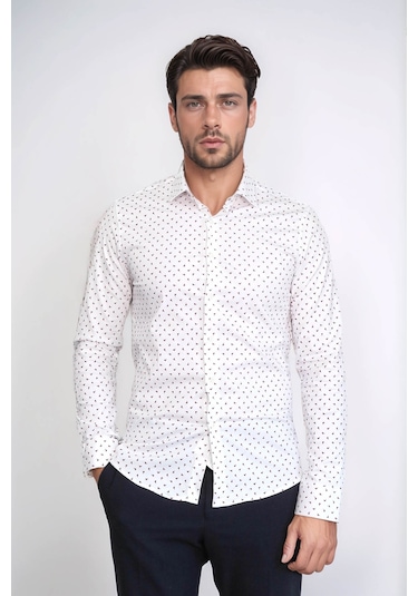 Minimal Bordo Motifli Beyaz Erkek Gömlek Wessi Beyaz
