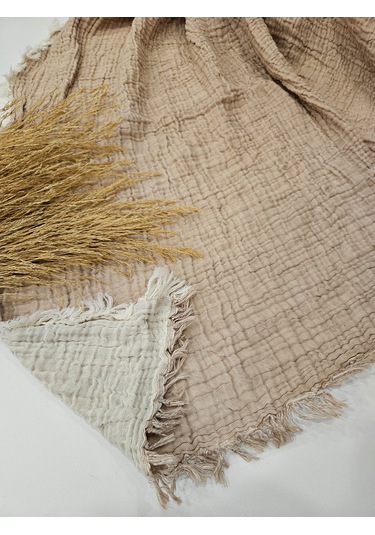 Bej 4 Katlı Çift Taraflı Çift Kişilik Müslin Battaniye %100 Pamuk 230x240 Cm Bej