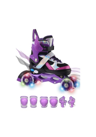 Melek Kanatlı Işıklı Çocuk Pateni Ve Dizlik Seti Silikon Teker Ayarlanabilir Paten Çantalı Mor Mor