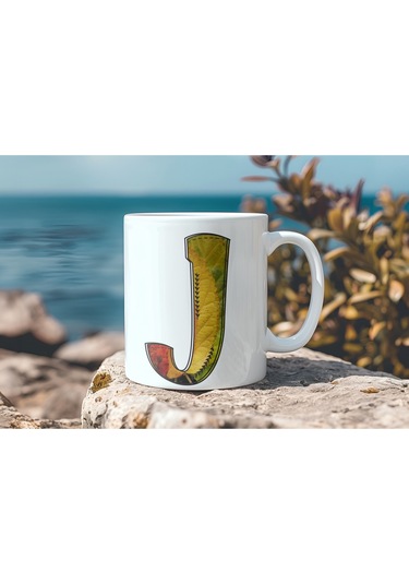 J Harf Yaprak Renkleri İle Kupa Bardak - Kişiye Özel Alfabe Harfli Bardak - Hediye Beyaz