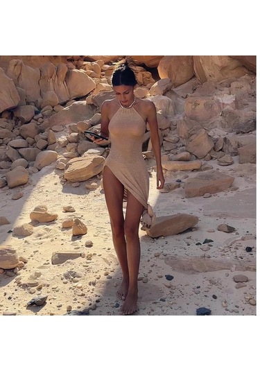 Örme Transparan Maxi Yırtmaçlı Bodycon Zarif Plaj Elbisesi Bej