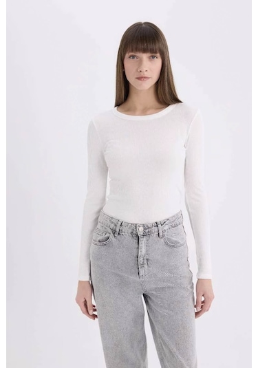 Defacto Slim Fit Basic Fitilli Kaşkorse Ekru Kadın Uzun Kollu T-shirt E5767ax/er105 Ekru