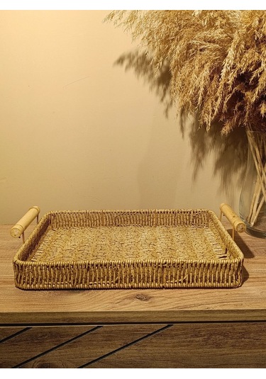 Hasır Rattan Sunum Tepsi Bambu Kulplu Orta Boy Dikdörtgen Diğer