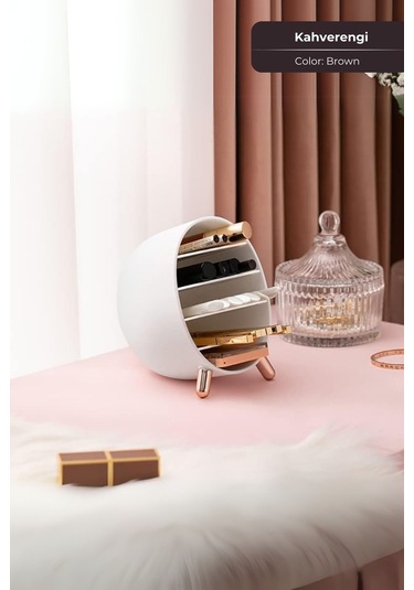 Makeup Organizer, Ruj, Rimel, Oje Düzenleyici, Makyaj Organizeri Mini, 14 X 14 Cm, Kahverengi Çok Renkli