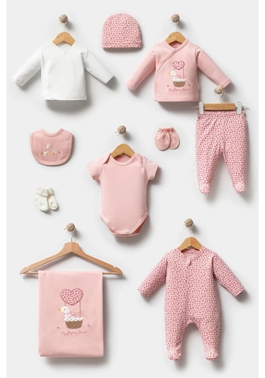 Sevimli Ördek Desenli 10 Parça Kutulu Yenidoğan Hastane Çıkışı Zıbın Seti Pembe