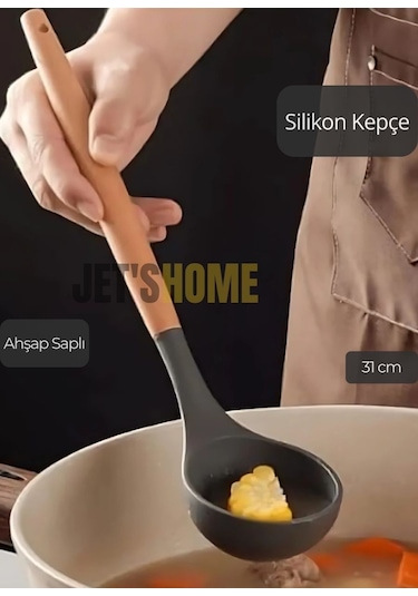 Silikon Kepçe Mutfak Kepçesi Ahşap Saplı 31 Cm