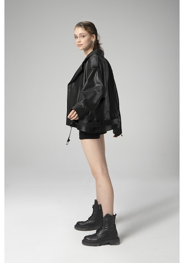 Siyah Dericlub Wm031 Jumbo Oversize Biker Gerçek Deri Unisex Mont