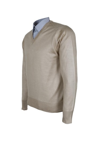 Erkek Yünlü Kazak V Yaka Normal Klasik Kesim Krem Renk Rar00815