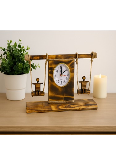 Dekoratif Ahşap Salıncaklı Masa Saati El Yapımı Tasarım Açık Kahverengi