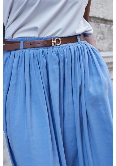 Kadın İpeksi Dokulu Modal Kumaş Cepli Beli Lastikli Bilek Boy Uzun Etek Deri Kemer Dahil -indigo İndigo Kadın İpeksi Dokulu Modal Kumaş Cepli Beli Lastikli Bilek Boy Uzun Etek Deri Kemer Dahil -indigo İndigo