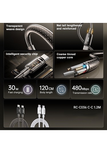 Remax Rc-c036 1.2m 30w Tip-c Tip-c Şeffaf Örgülü Hızlı Şarj Kablosu Beyaz