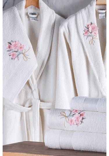 Newhome Mimoza2 6 Parça Kutulu %100 Pamuk Aile Bornoz Seti Krem/krem Karışık