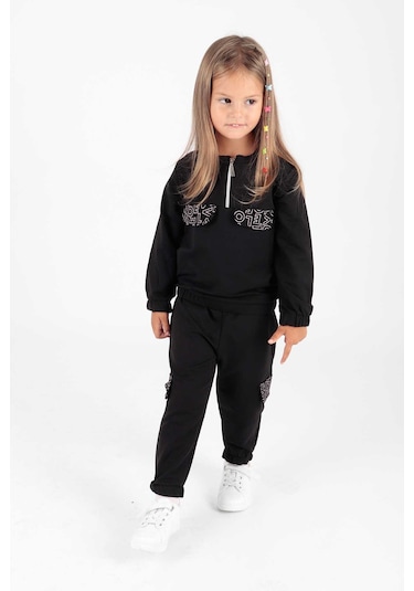 Ahengim Kız Çocuk Cepleri Baskılı Eşofman Takımı Ak2232 Siyah