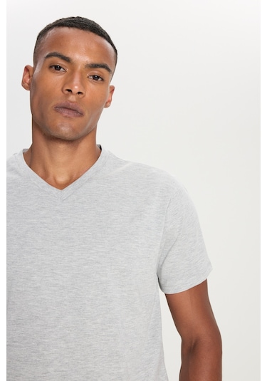 Ac&Co / Altınyıldız Classics Slim Fit Dar Kesim V Yaka Pamuklu Erkek Tişört Gri Melanj