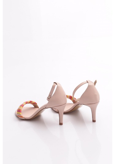 Dgn 5315 Kadin Bilekten Bağlama Renkli Şerit Topuklu Ayakkabi Bej Multi