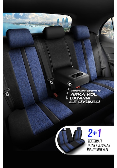 Mavi - Siyah Panda Sevılla Serısı Keten Kumaş Oto Koltuk Kılıfı - Tam Set