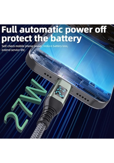 Honeybeeshop 3 Adet Yeşil Aıcase İphone Şarj Kablosu İçin Led Ekran 3 Metre 10 Fit Uzun Örgülü Kablo İphone 14 13 12 11 X Xs Xr Xs Max Uyumlu