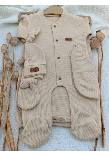 Kız Erkek Bebek Yeni Doğan Bej Waffle 5 Patrça Hastane Çıkışı Bej