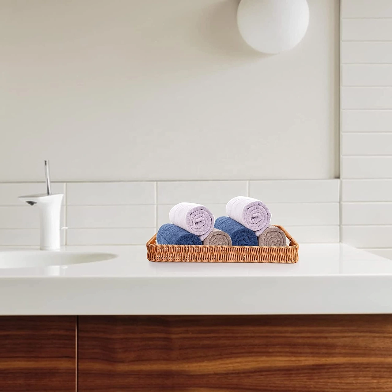 Qerhome 3'lü Rattan Servis Tepsisi Dikdörtgen 30-35-40 Cm Kahverengi