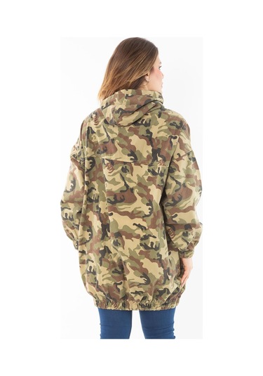 Kadın Büyük Beden Haki Rahat Kesim Kamuflaj Desenli Kapşonlu Kanguru Cepli Uzun Sweatshirt 65n37298-haki Haki