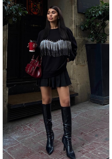 WeShaya Kadın Siyah Pamuk Uzun Kol Sweatshirt Siyah