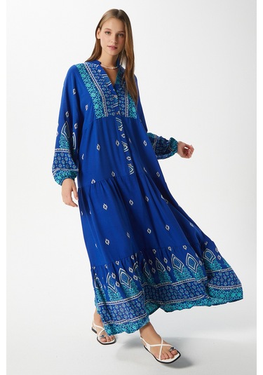 Modest Kadın Andrea Mavi %100 Viskon Maksi Boy Yazlık Elbise Çok Renkli