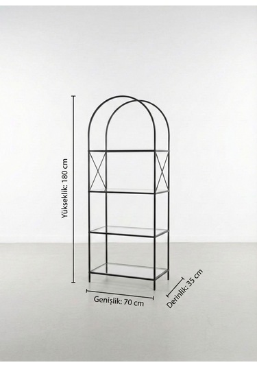 Noble Metal Kitaplık Dekoratif Kemerli 4 Raflı Salon Ve Ofis Rafı 70x180 Cm Siyah