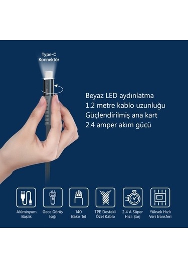 Polosmart Psm26 Type-C Led Aydınlatmalı Şarj Ve Data Kablo Siyah