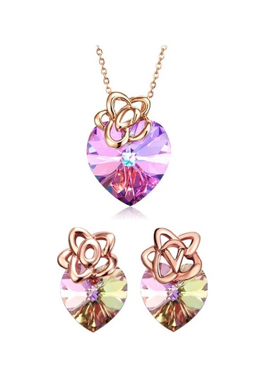 Mor Kristal Taşlı Gümüş Üzeri Altın Kaplama Kalp Kolye Ve Küpe Set N03220 Gümüş - Rodyum