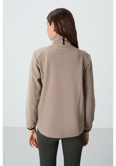 Tommy Life Koyu Bej Dik Yaka Fermuarlı Rahat Form Kadın Polar Sweatshirt - 97173 Koyu Bej